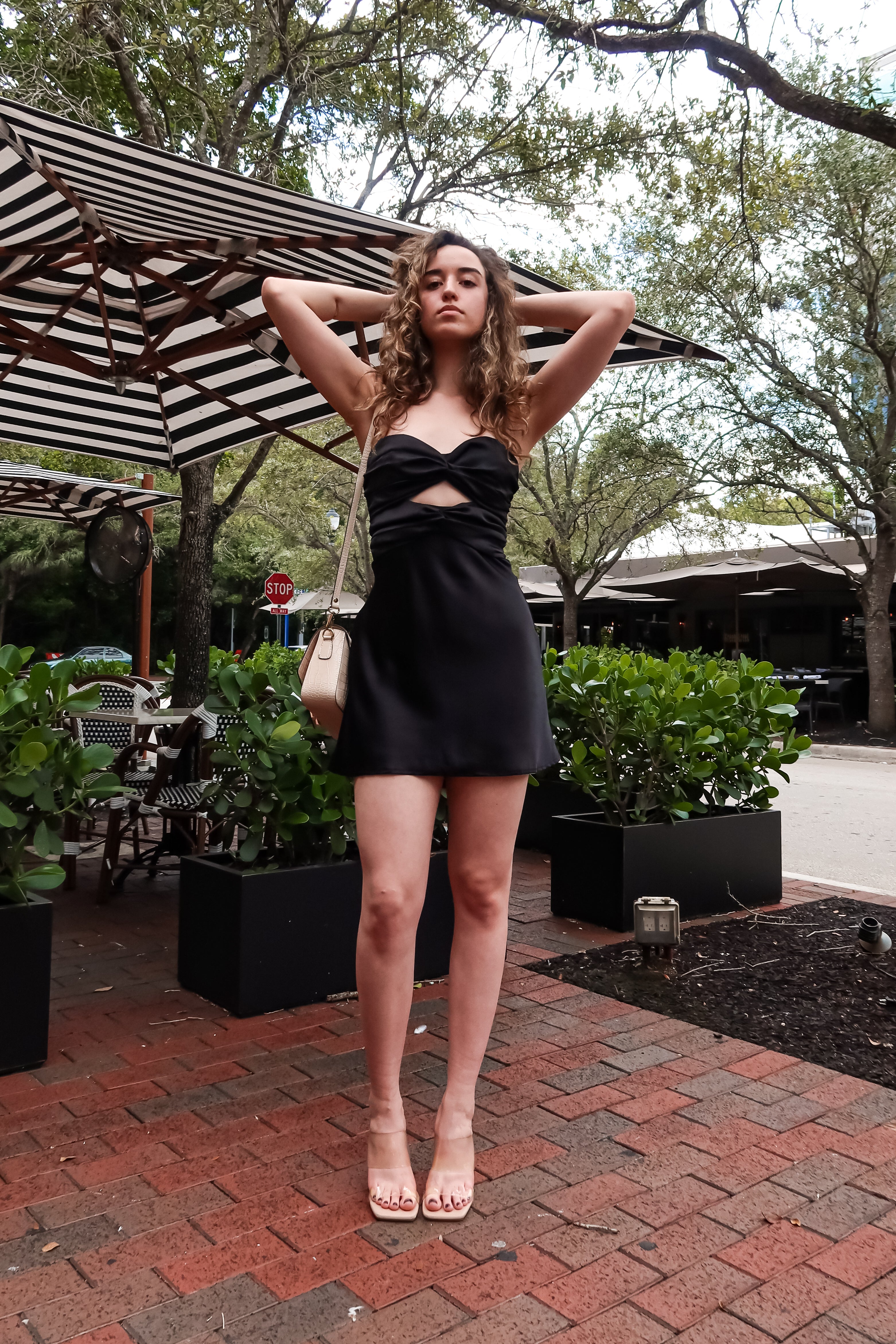 CORSET TIE SATIN MINI DRESS-BLACK