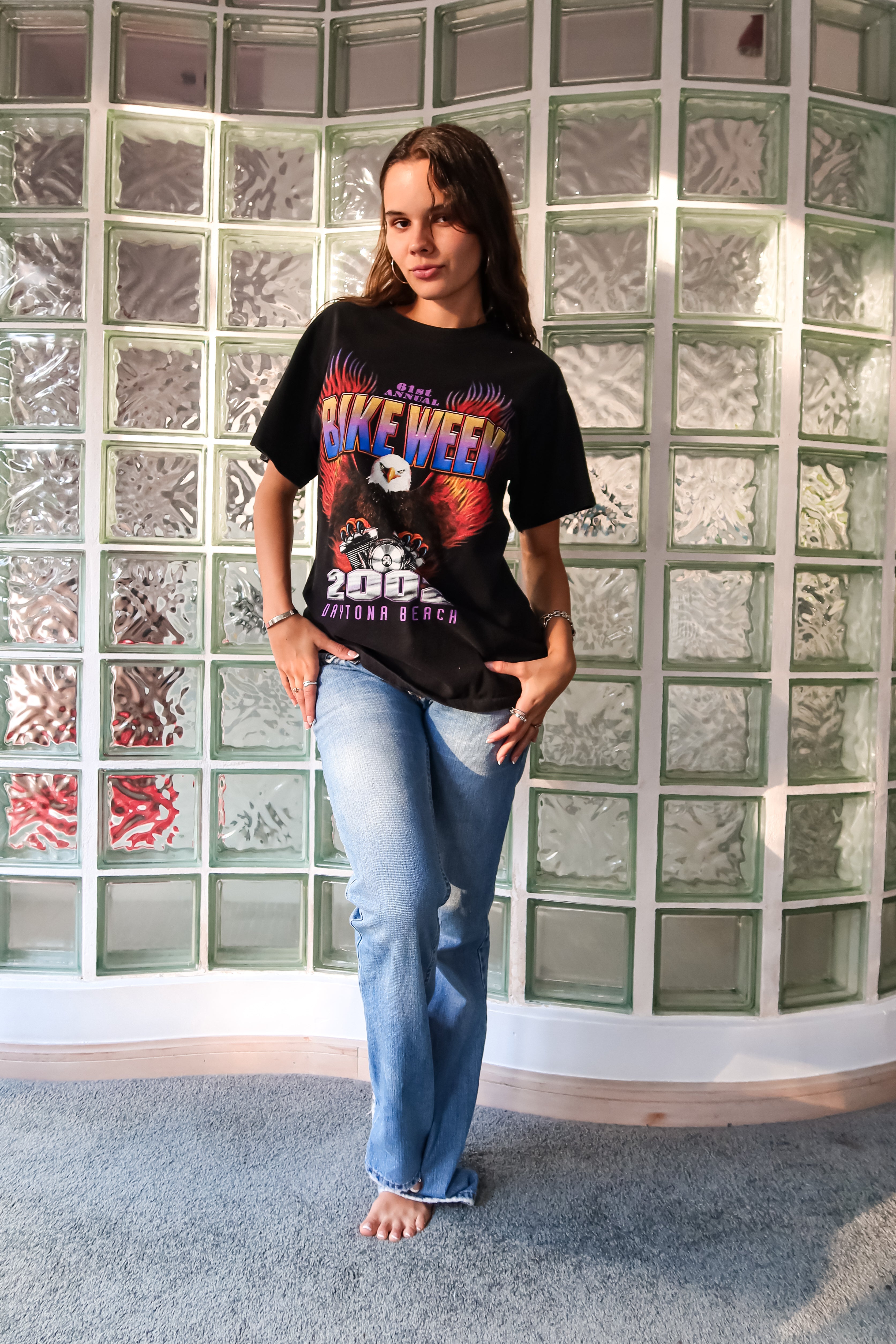 Get ready to hit the streets in style with our BIKE WEEK DAYTONA 2002 VINTAGE TEE! This one-of-a-kind t-shirt features a unique black design for both the front and back, made from 100% cotton for a comfortable fit. Perfect for sizes S-L, this tee is sure to add some vintage flair to your wardrobe.