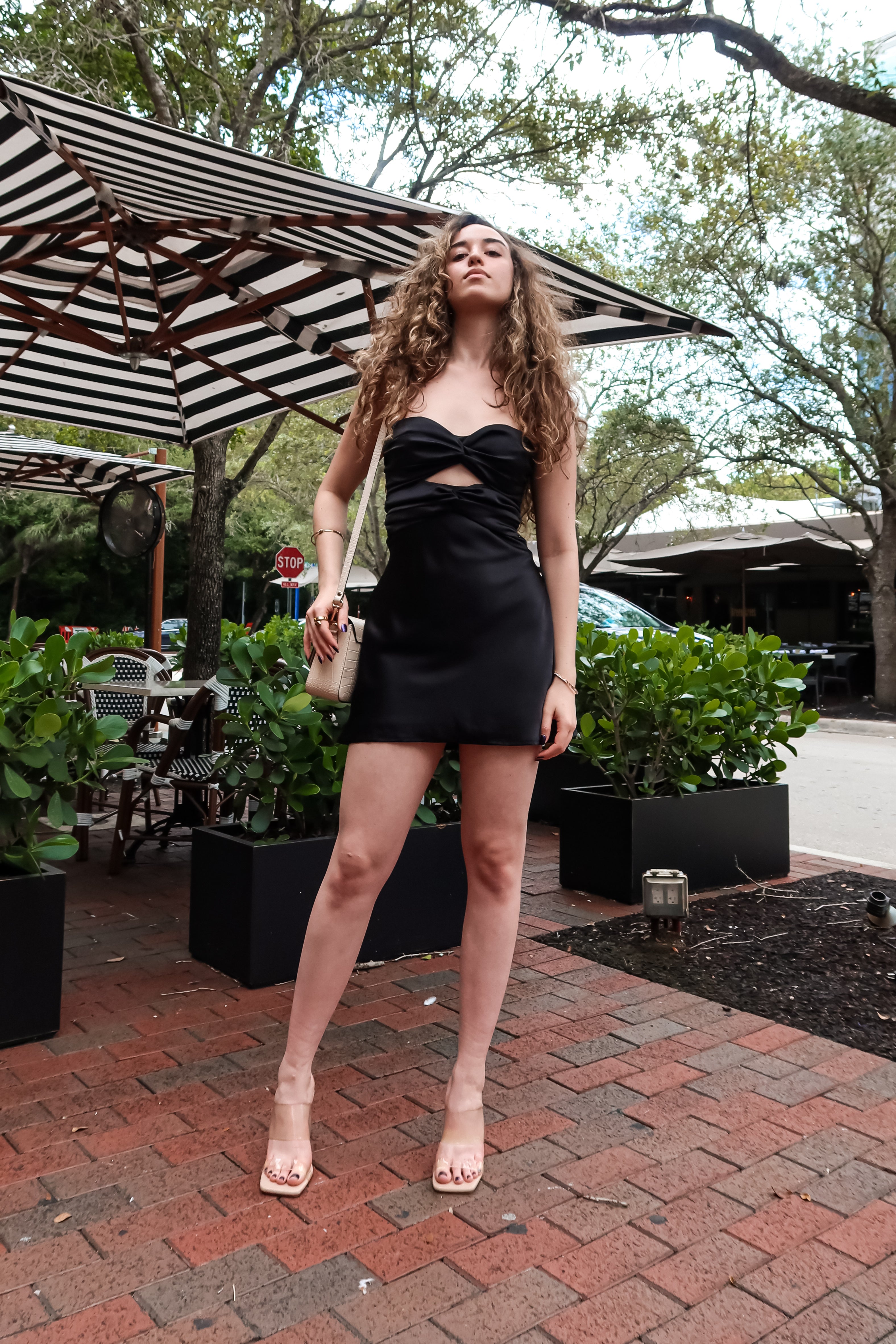 CORSET TIE SATIN MINI DRESS-BLACK