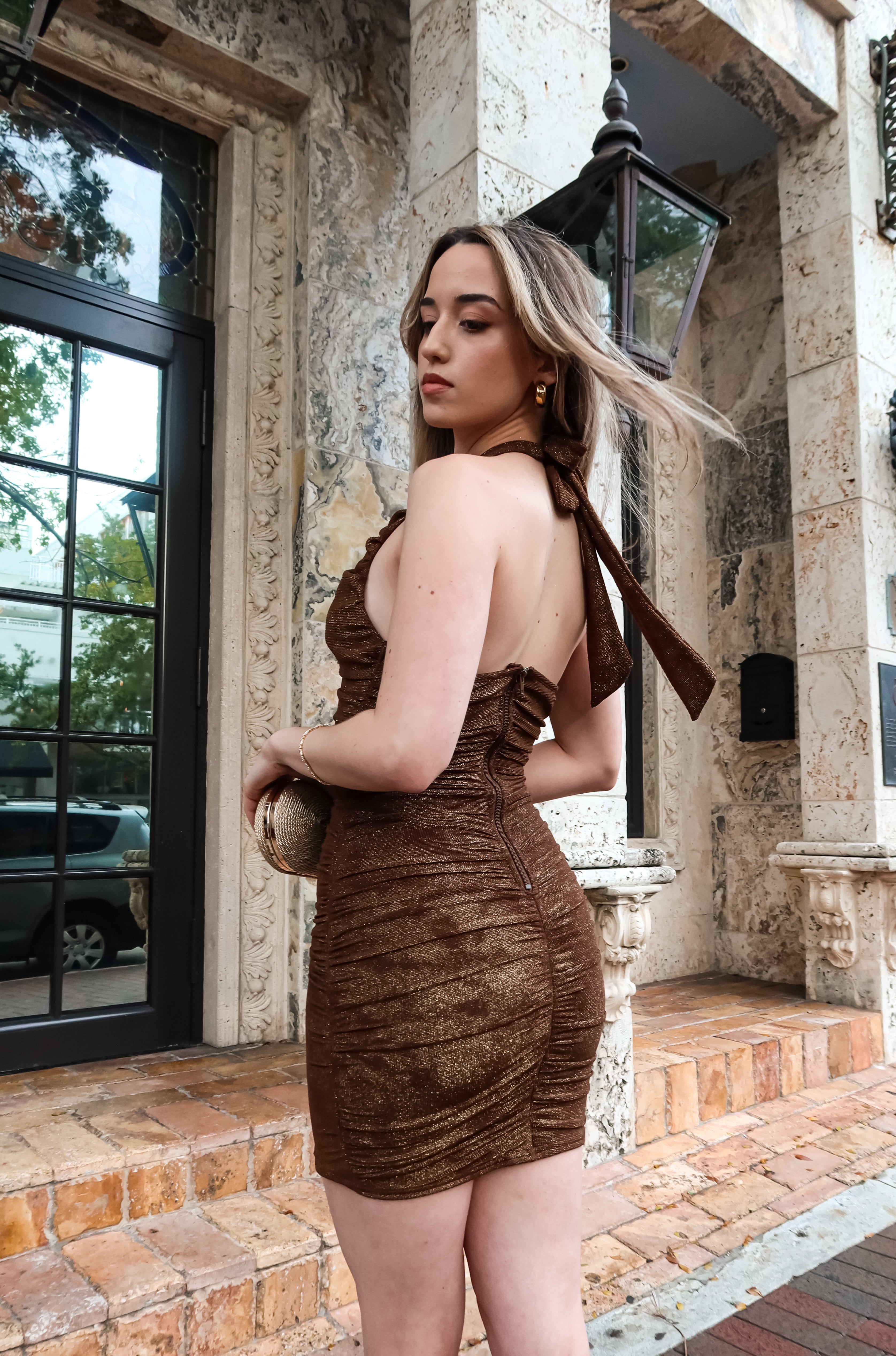 BRING THE BEAT MESH MINI DRESS BROWN