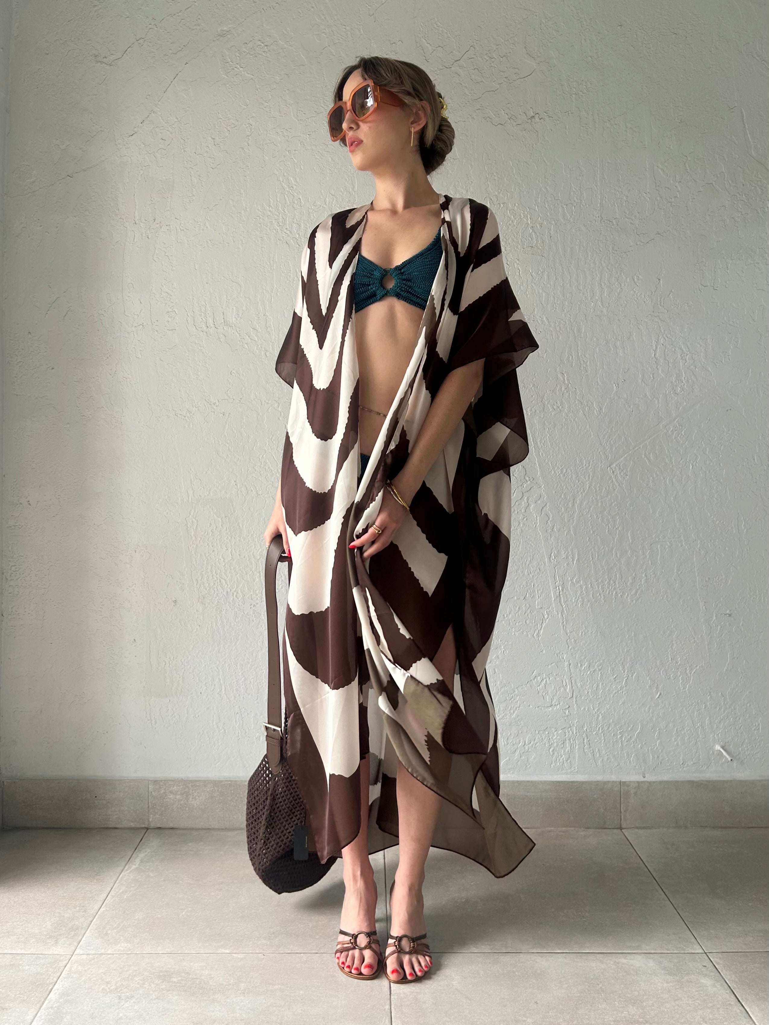CAIRO REVERSIBLE SATIN KIMONO-BROWN