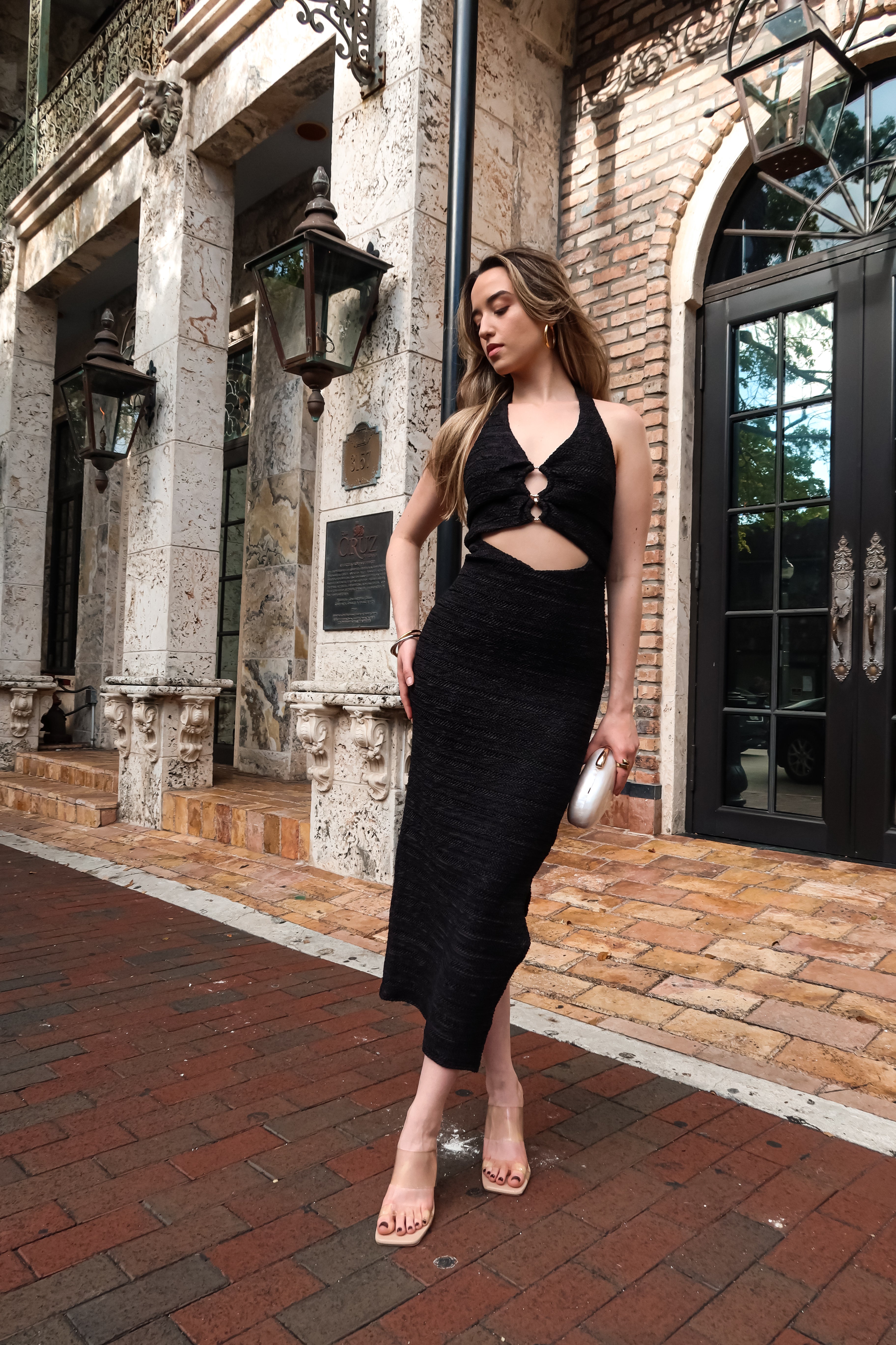 CALYPSO TEXTURED MIDI DRESS BLACK
