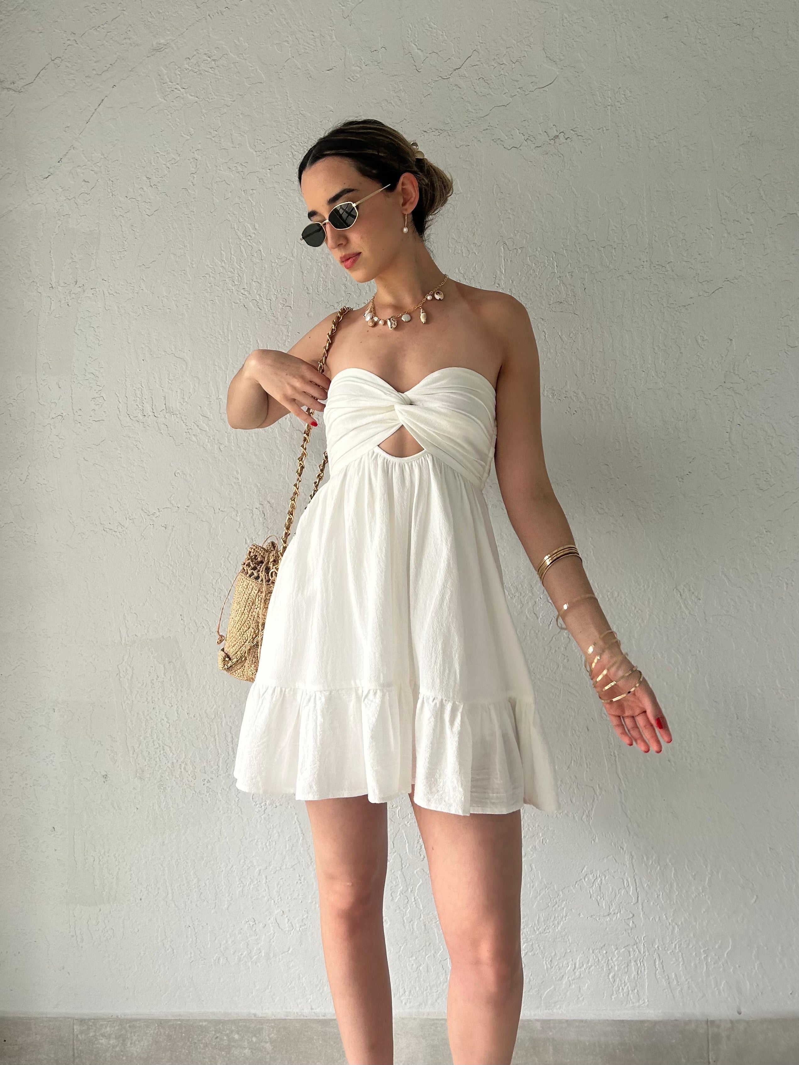 SANTORINI STRAPLESS COTTON MINI DRESS