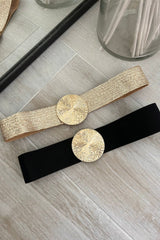 Add some shine to your outfit with our Gold Circle Stretch Belt! Made with a comfortable stretch material, this belt includes a playful gold circle buckle. Available in both black and gold, it's the perfect accessory for any look.