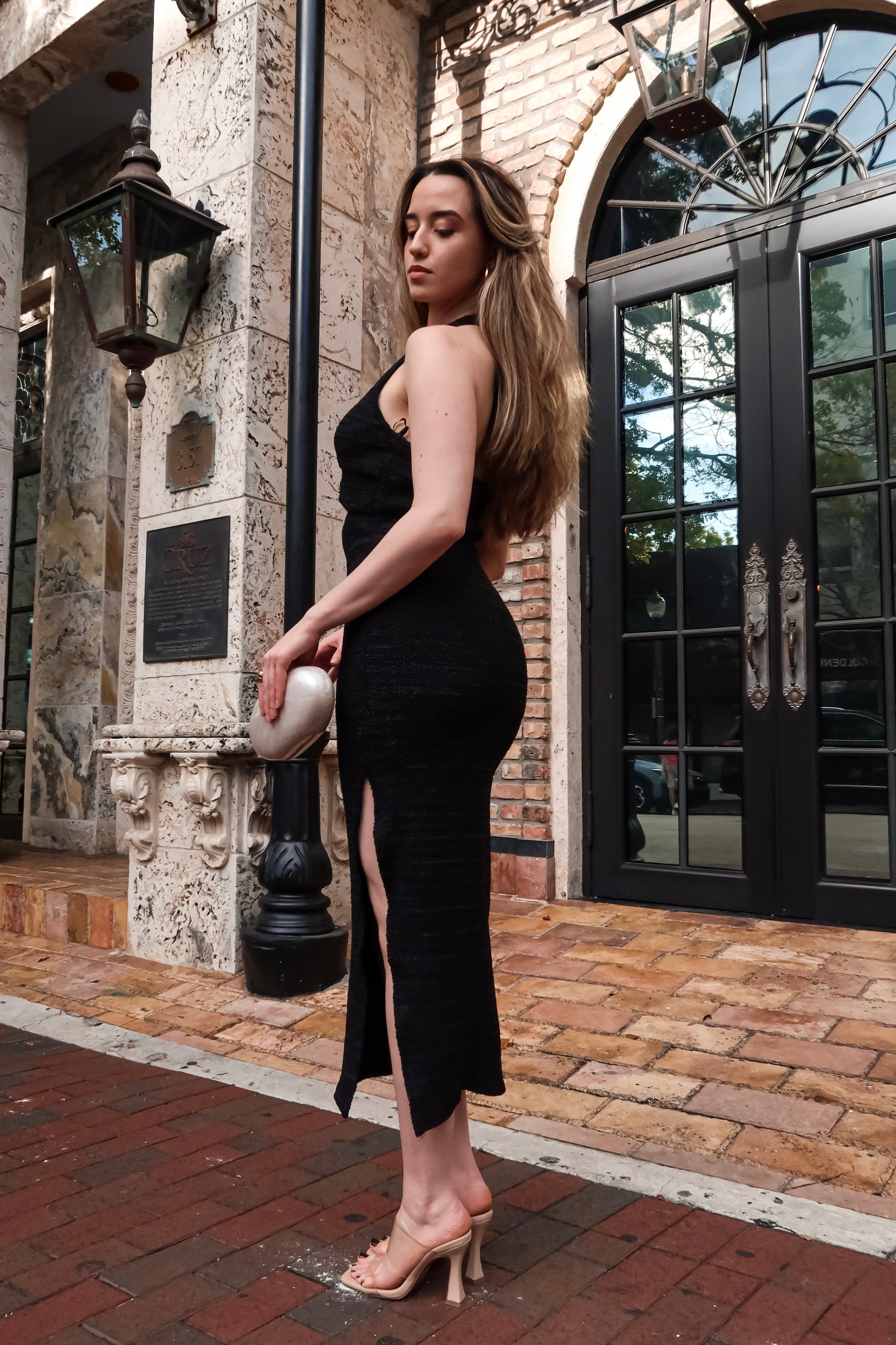 CALYPSO TEXTURED MIDI DRESS BLACK