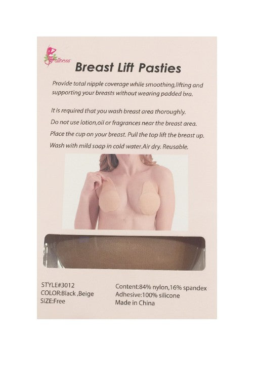 Say goodbye to uncomfortable bras and hello to BREAST LIFTS! These soft and adhesive pasties not only lift and enhance your cleavage, but also add fullness to your bust. Perfect for deep v cut clothing, these reusable pasties are a one size fits most solution. Made with 84% nylon and 16% spandex, and featuring a 100% silicone adhesive.