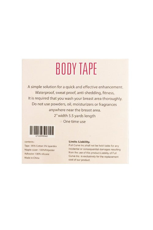 Get creative with BODY TAPE - the answer to all your backless, strapless, and low cut outfit needs! This 2" wide tape is waterproof, sweat-proof, and anti-shedding, ensuring a secure hold for all-day wear. And with 12+ ways to use it, you'll never run out of options. Don't forget the added bonus of comfy cotton, polyester nipple covers and silicone adhesive.