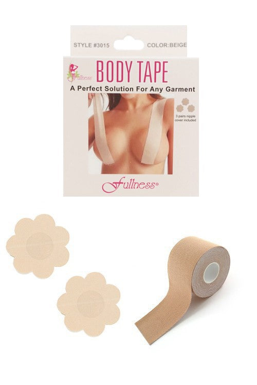 Get creative with BODY TAPE - the answer to all your backless, strapless, and low cut outfit needs! This 2" wide tape is waterproof, sweat-proof, and anti-shedding, ensuring a secure hold for all-day wear. And with 12+ ways to use it, you'll never run out of options. Don't forget the added bonus of comfy cotton, polyester nipple covers and silicone adhesive.