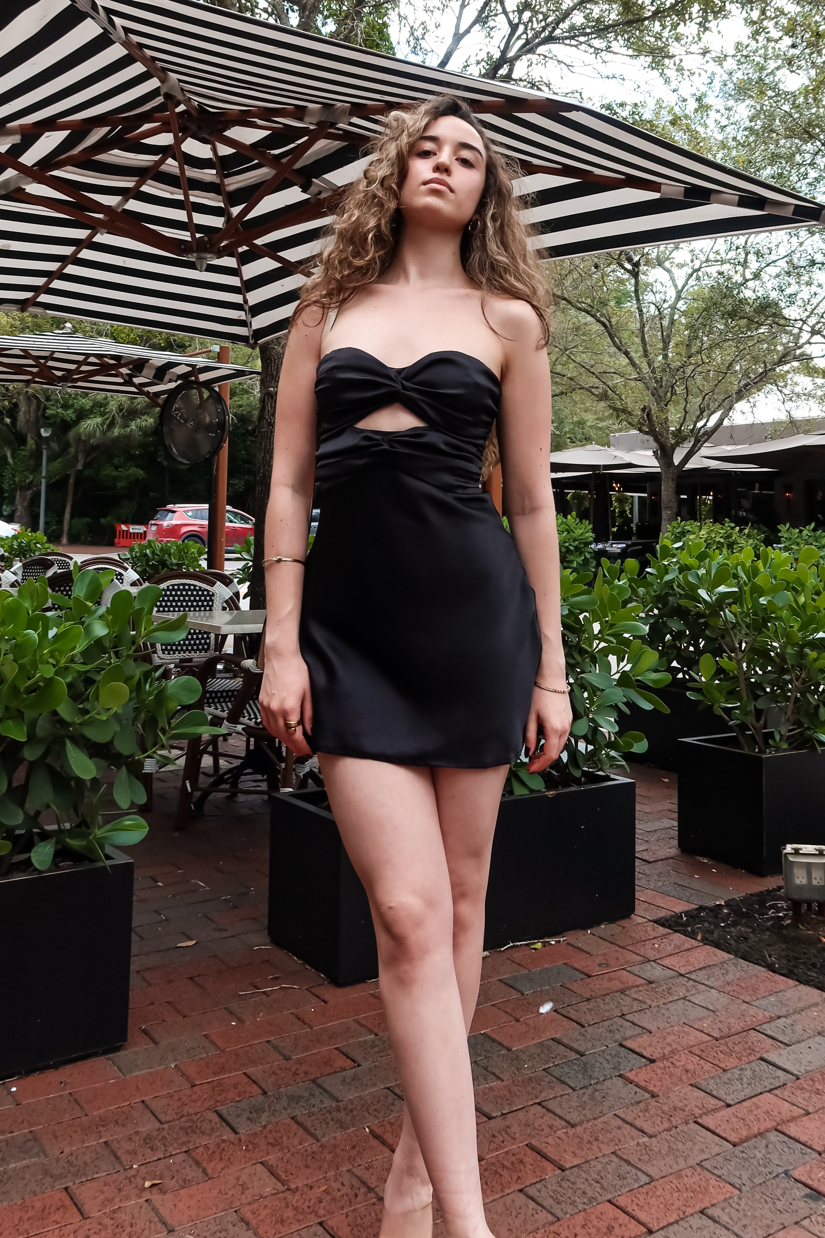 CORSET TIE SATIN MINI DRESS-BLACK