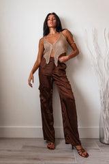 ON TREND SATIN CARGO PANT - BROWN