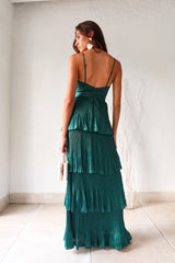 Turn heads in the PARISIAN GARDEN SATIN MAXI DRESS. With an emerald green satin fabric, adjustable shoulder straps, and a back zipper closure, this dress is both comfortable and stunning. The chiffon overlap detail adds a touch of elegance to this playful and chic piece.