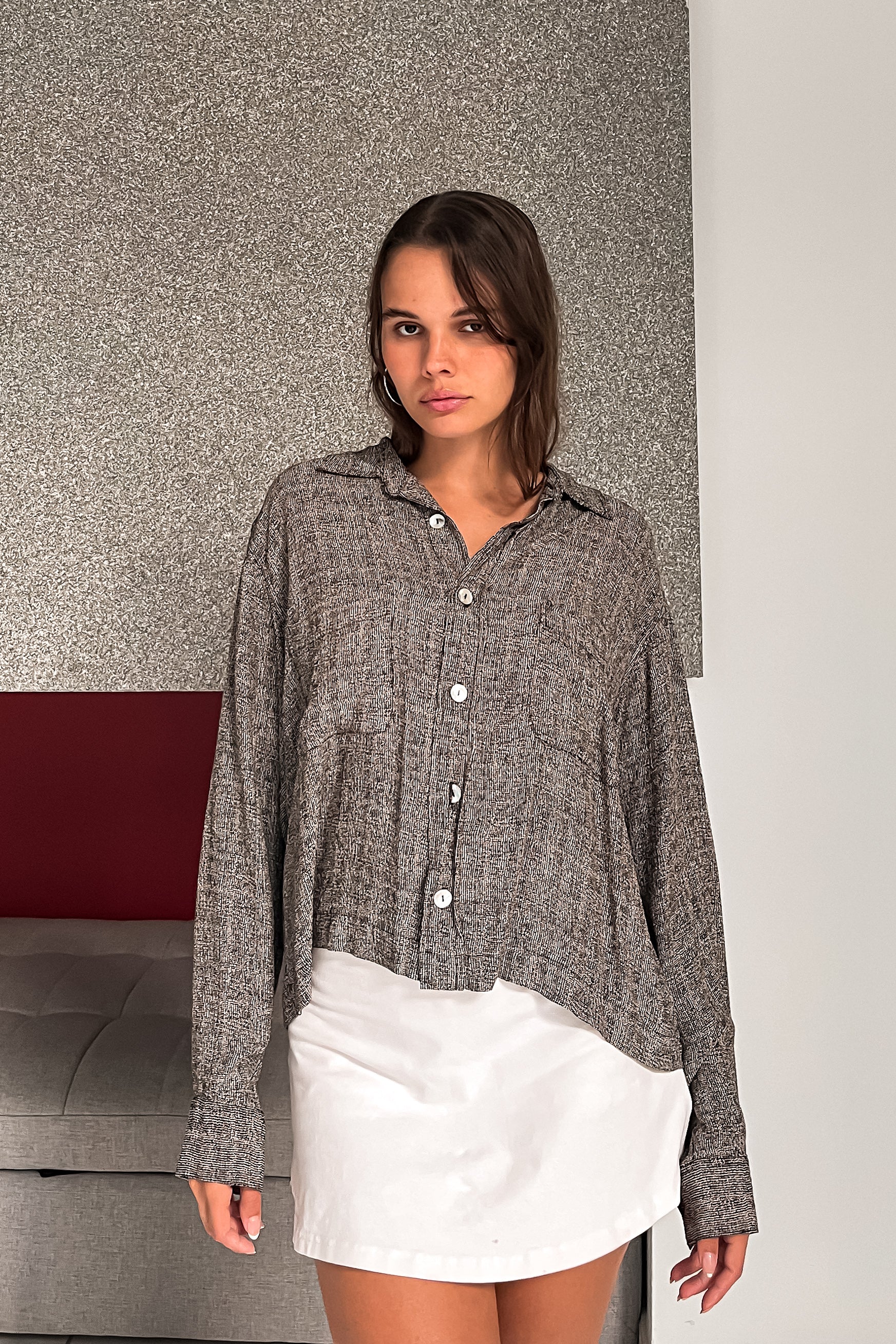 Take a break from boring blouses with our Coffee Break Vintage Blouse! This quirky collared top, in a classic black and grey color scheme, features a convenient front button closure, double chest pockets, and button wrists. work attire