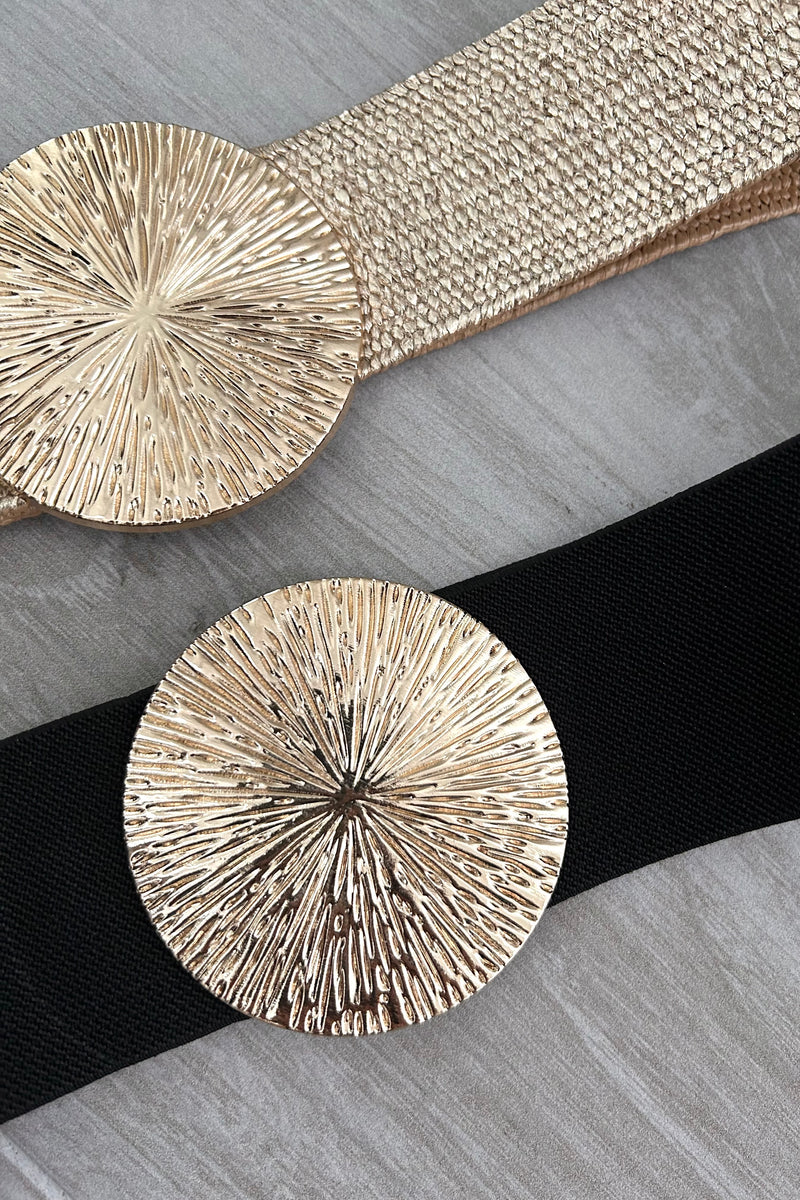 Add some shine to your outfit with our Gold Circle Stretch Belt! Made with a comfortable stretch material, this belt includes a playful gold circle buckle. Available in both black and gold, it's the perfect accessory for any look.