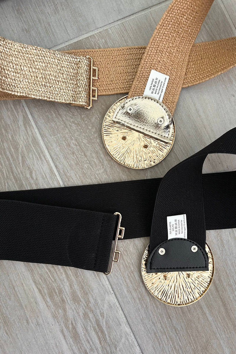 Add some shine to your outfit with our Gold Circle Stretch Belt! Made with a comfortable stretch material, this belt includes a playful gold circle buckle. Available in both black and gold, it's the perfect accessory for any look.