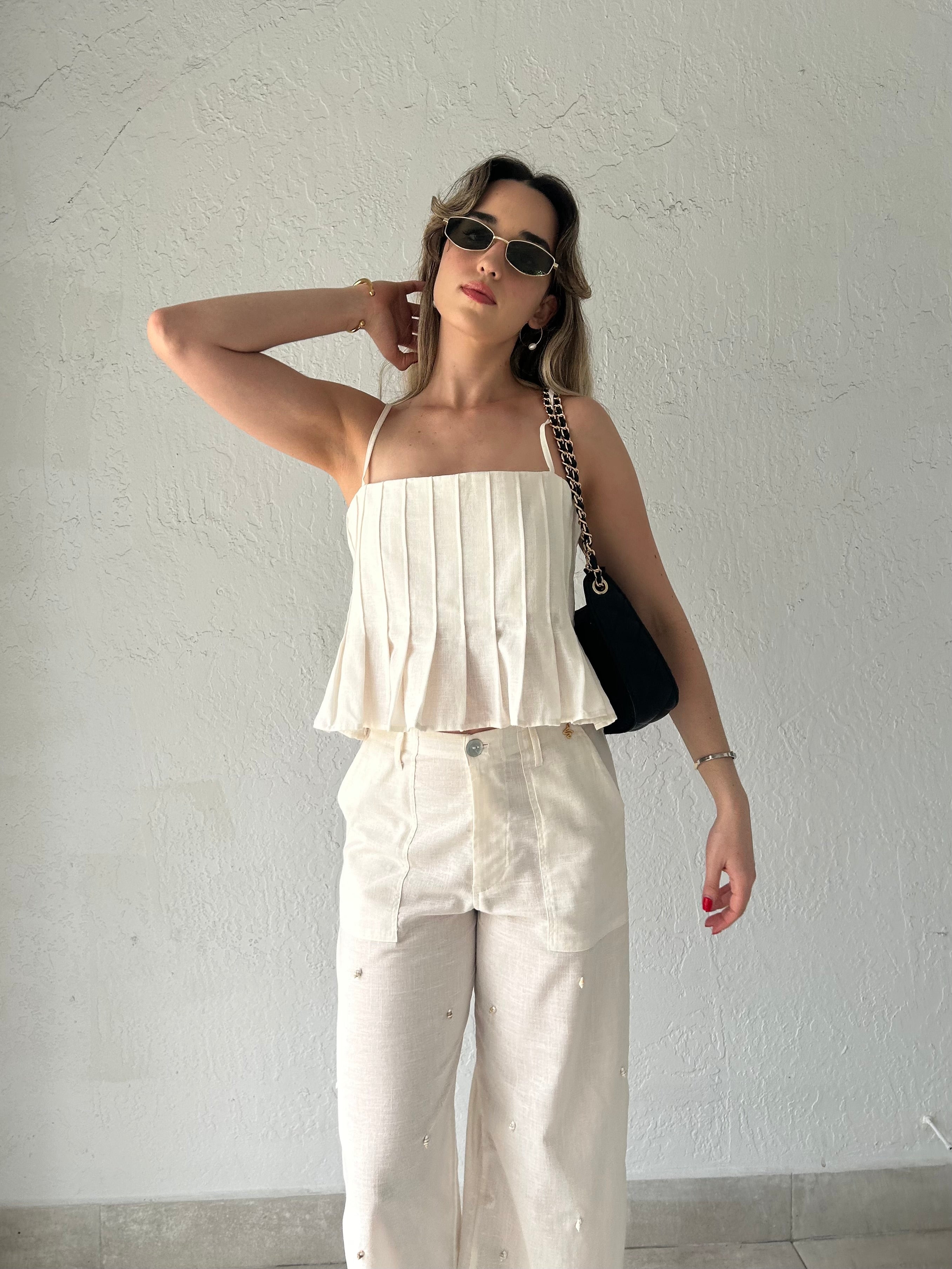 CURACAO PLEATED LINEN TOP