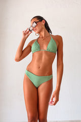 AZUSA/BEVERLY BIKINI - PALMEIRA! This green bikini set features a unique texture detail and a playful sliding triangle top with removable padding and gold accents. The Brazilian cut brief bottom has back ruching for an amazing butt. Made in Colombia by ALILA SWIM