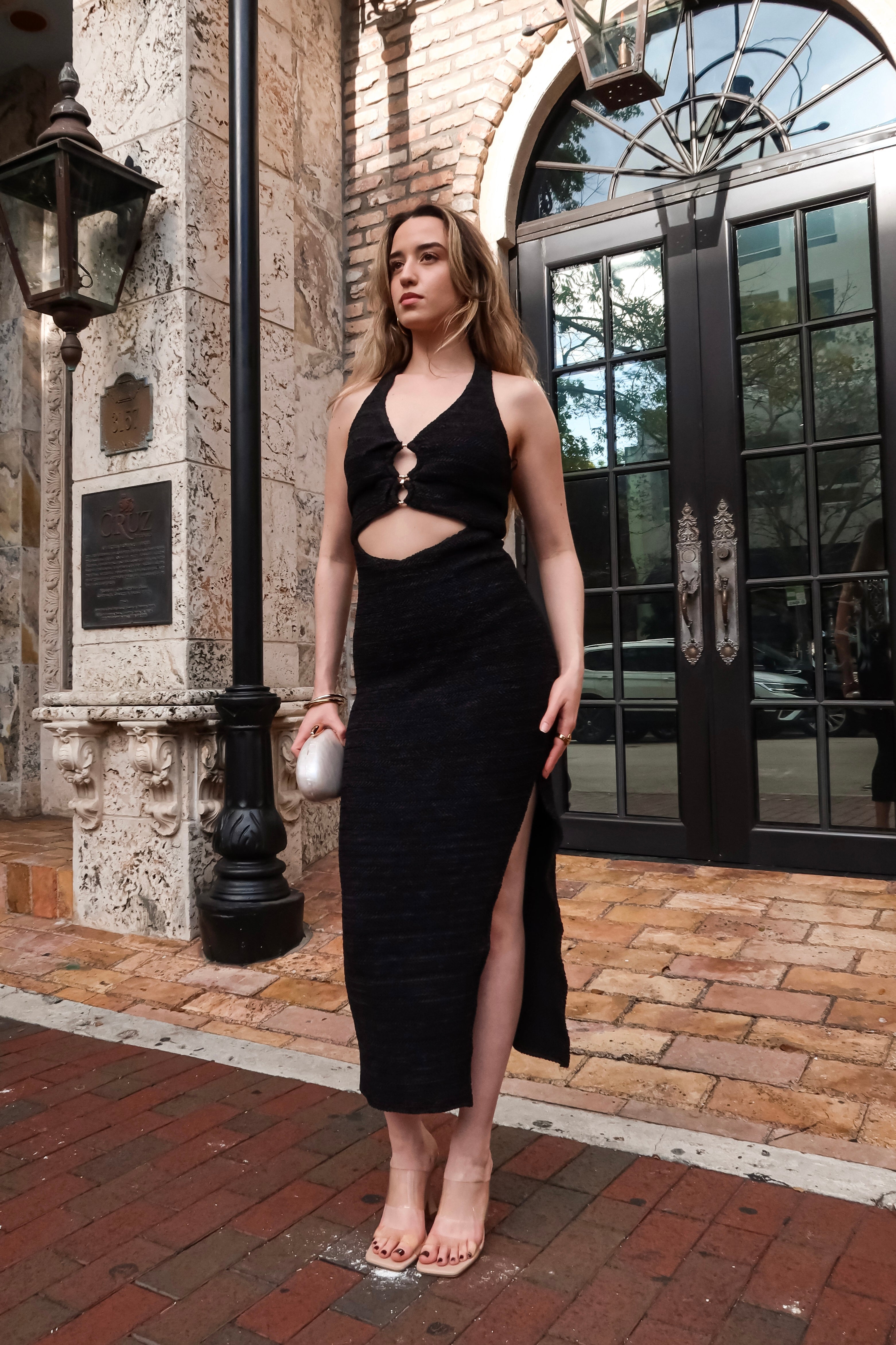 CALYPSO TEXTURED MIDI DRESS BLACK
