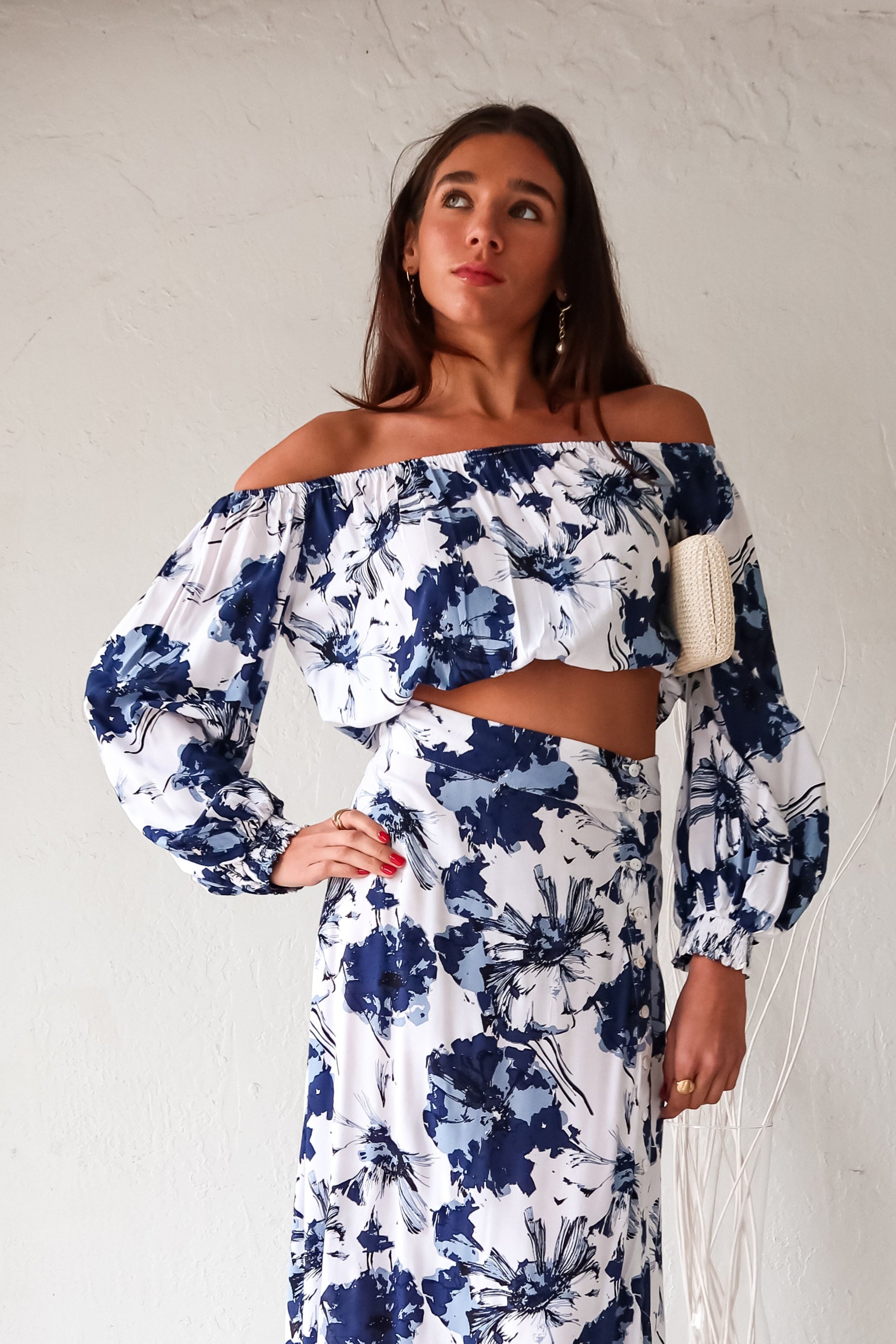 FLORAL BLUE OFF SHOULDER TOP