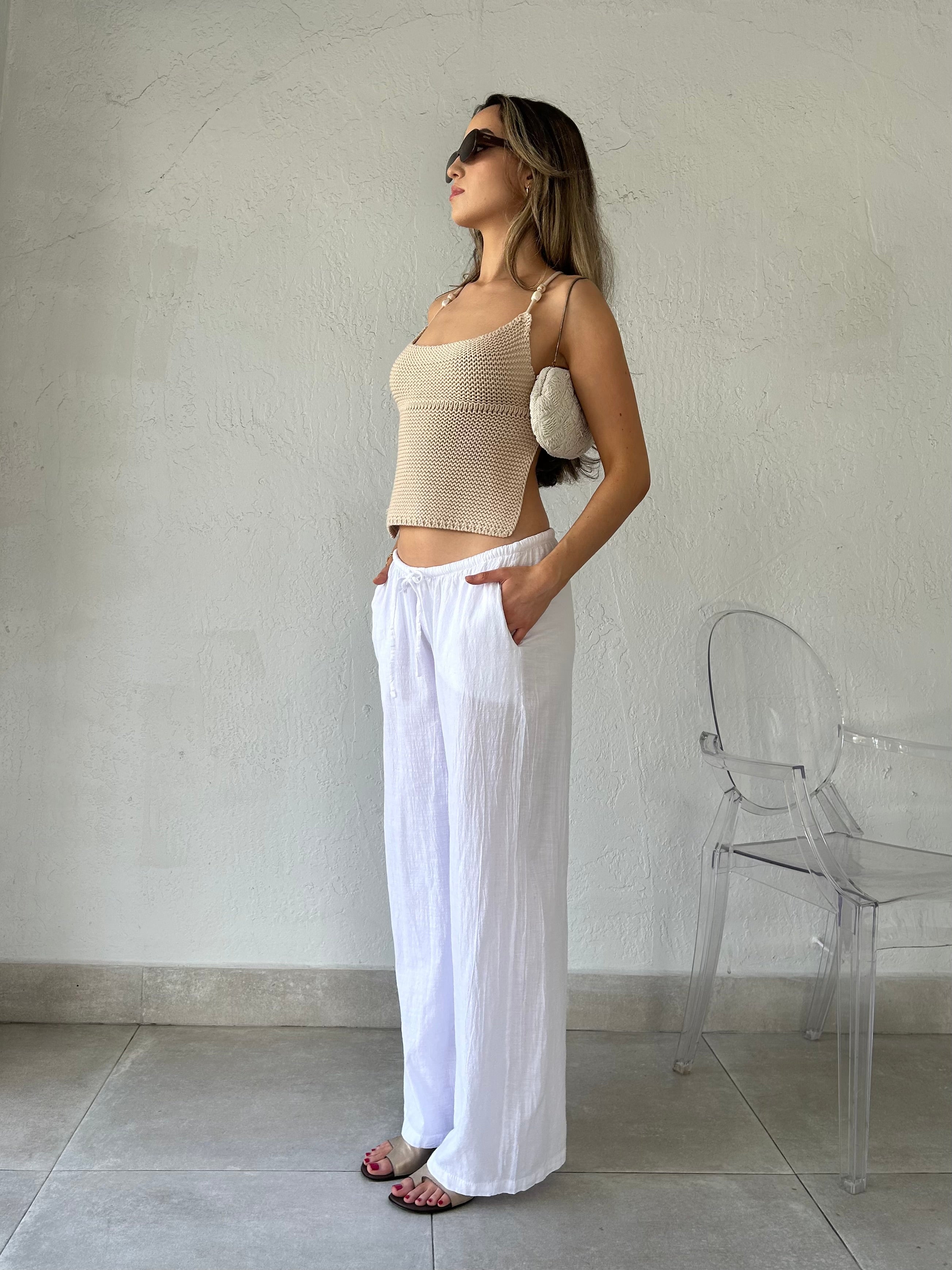 CAMILLE COTTON DRAWSTRING PANT-WHITE