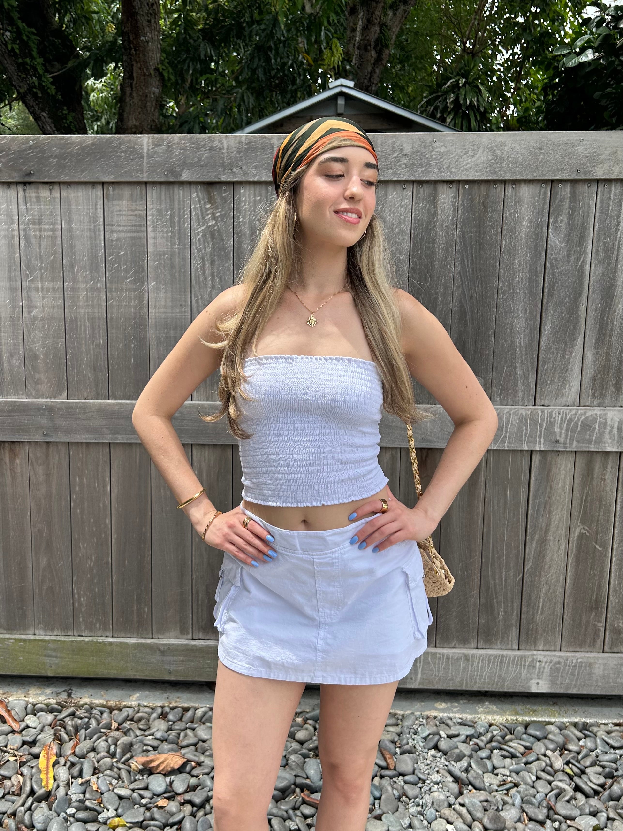 LUNA SMOCKED COTTON STRAPLESS TOP-WHITE