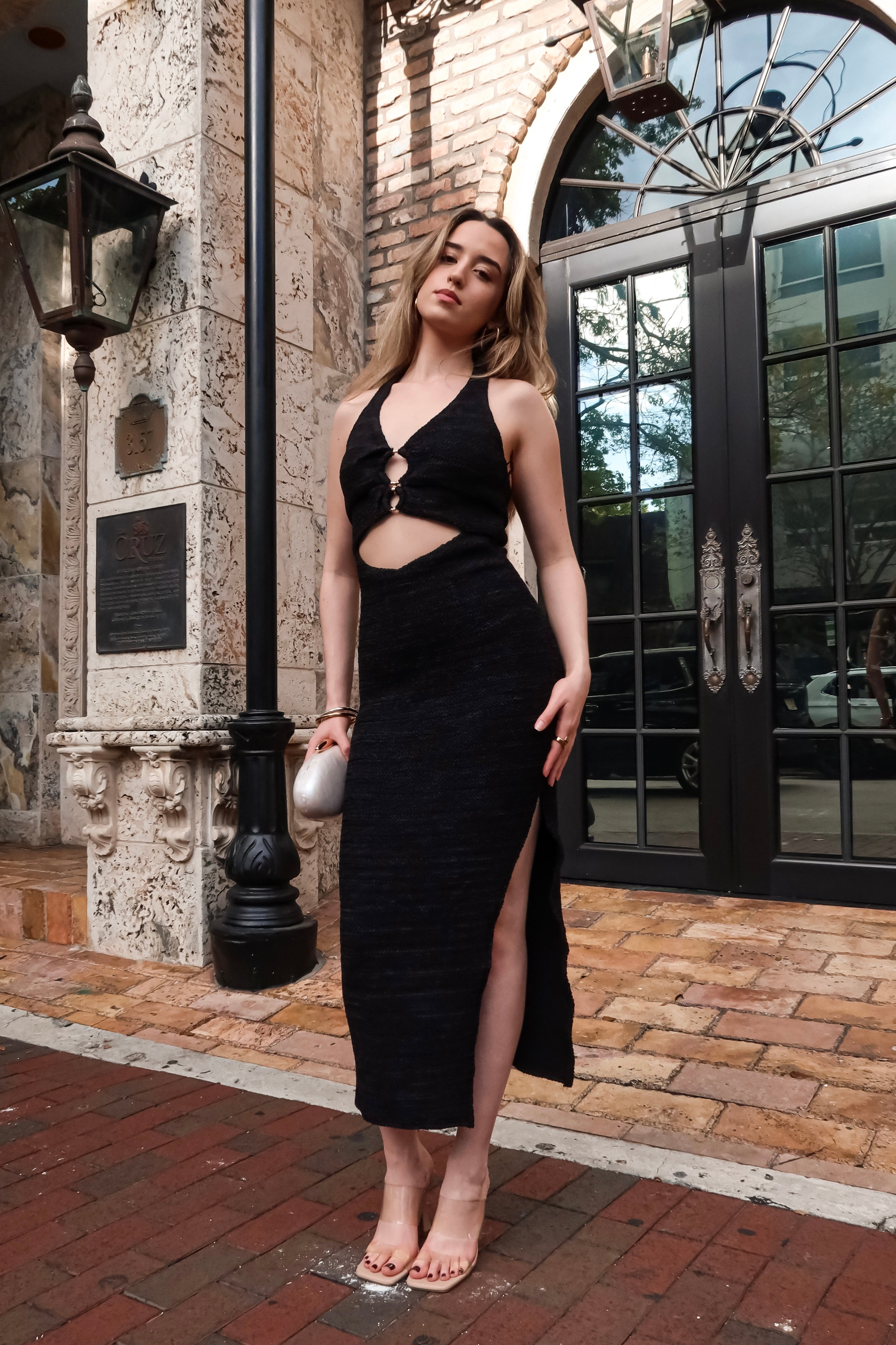 CALYPSO TEXTURED MIDI DRESS BLACK