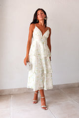 Get ready to bloom in the GARDEN PARTY CHIFFON MIDI DRESS. This romantic dress features a delicate pastel floral print on flowy chiffon, perfect for a party day or night. The tiered design adds a flirty touch while the adjustable shoulder straps and back zipper make for a comfortable fit. Non-stretch and lined for a polished look. 