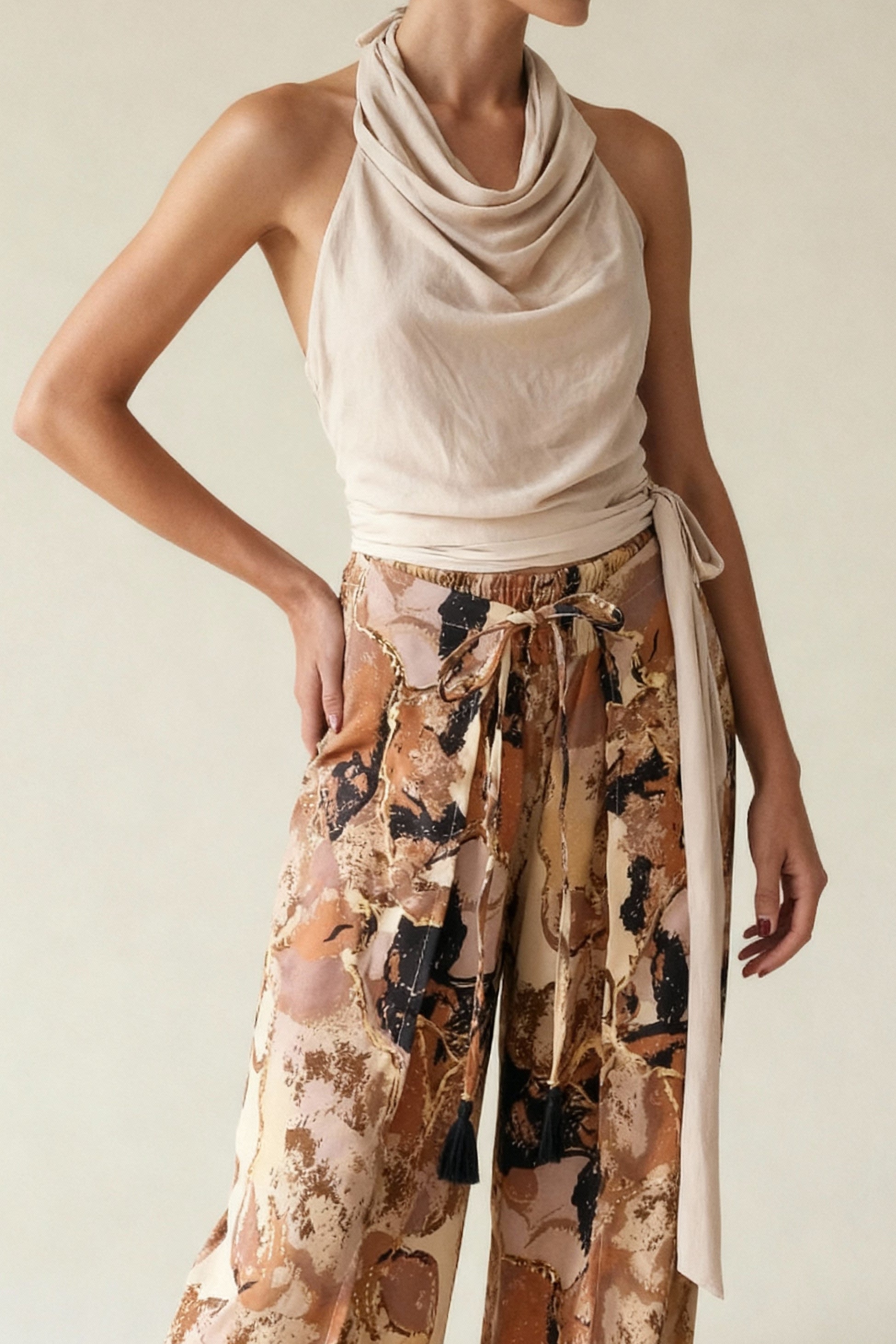 TGIF SATIN WRAP TOP - TAUPE
