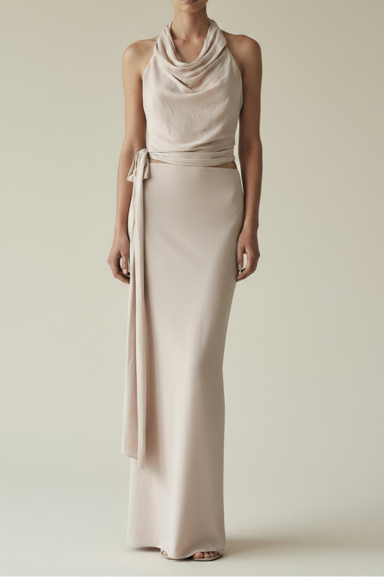 TGIF SATIN WRAP TOP - TAUPE