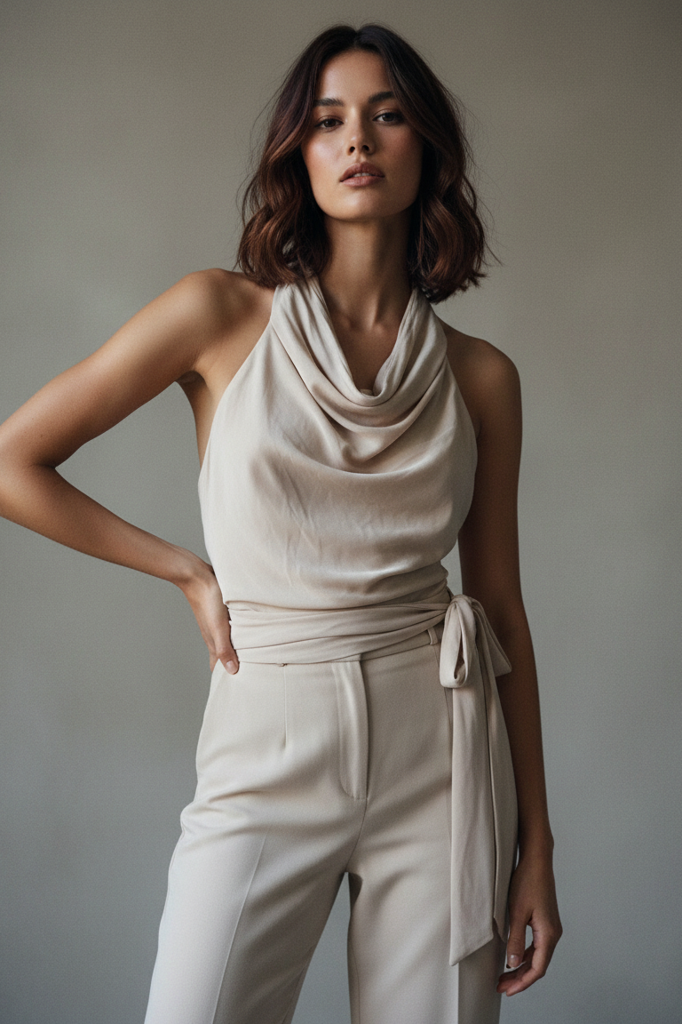 TGIF SATIN WRAP TOP - TAUPE