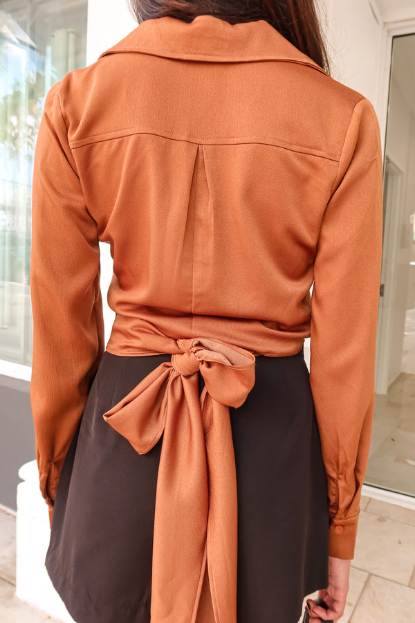 IN THE MOMENT SATIN WRAP BLOUSE- CAMEL