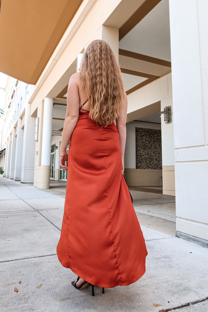 TOAST TO YOU SATIN MAXI DRESS - RUST