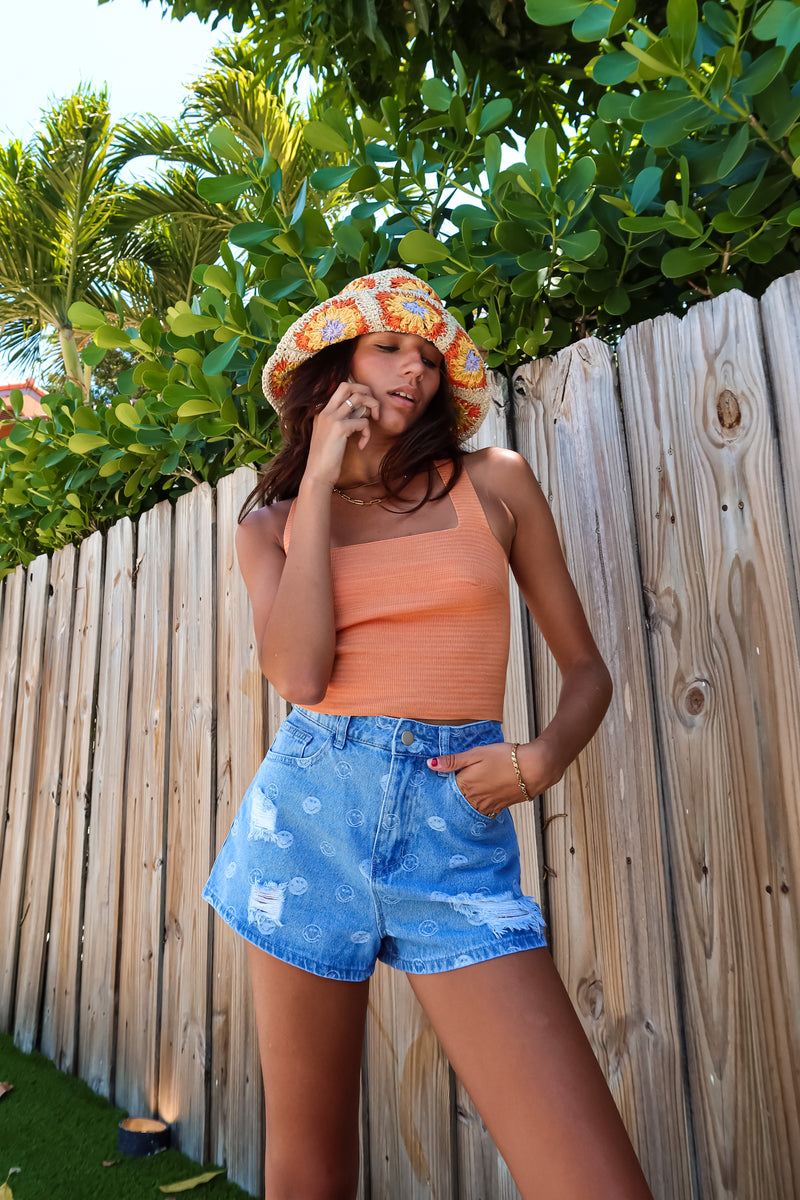HAPPY FACE DENIM SHORTS