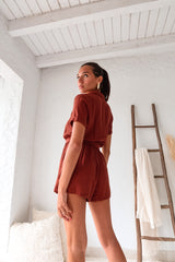 JUST IN TIME LINEN ROMPER - COFFEE BROWN
