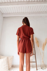 JUST IN TIME LINEN ROMPER - COFFEE BROWN