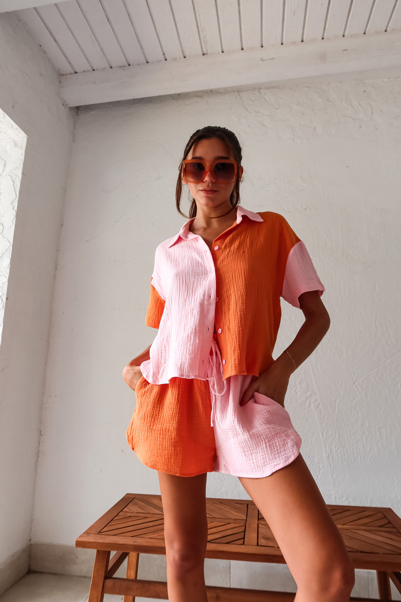 SUNSHINE GAUZE SHORT SET - PINK/ORANGE