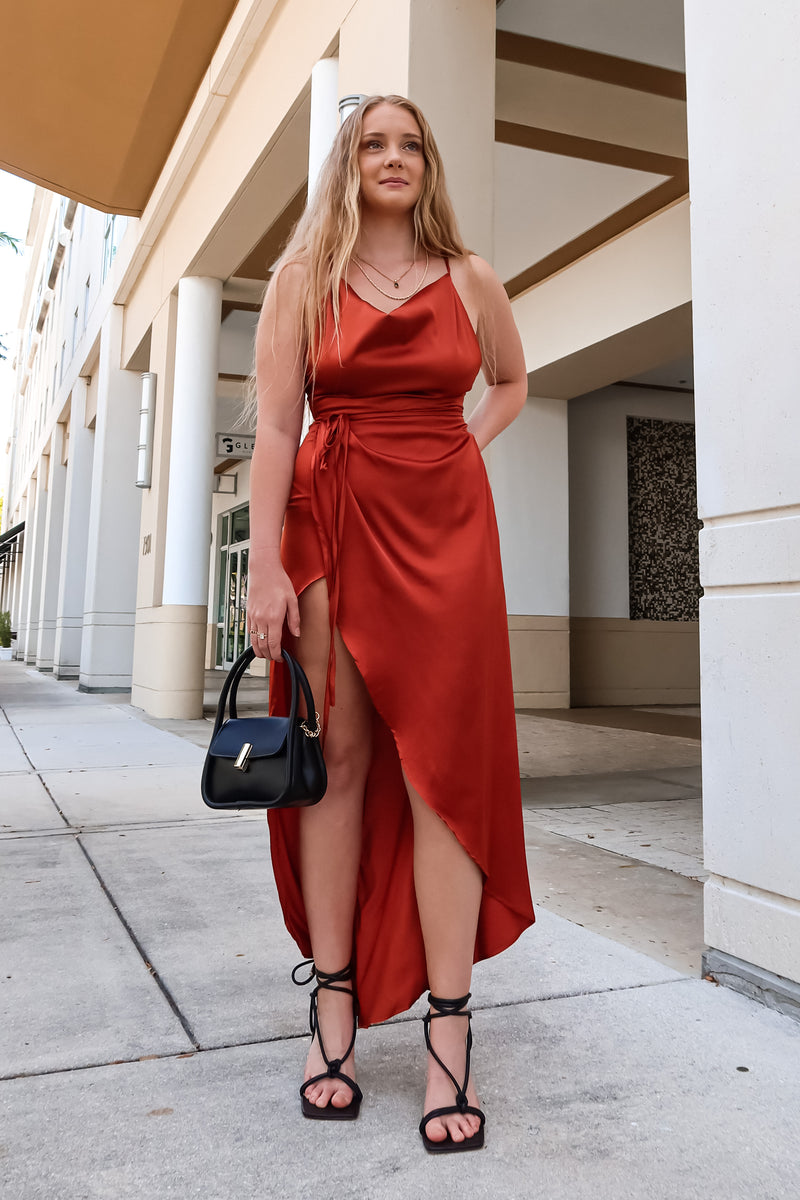 TOAST TO YOU SATIN MAXI DRESS - RUST