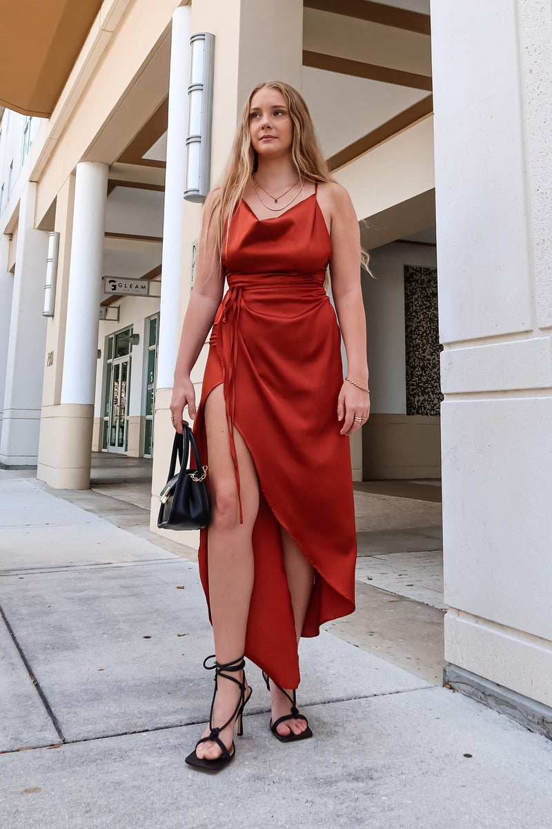 TOAST TO YOU SATIN MAXI DRESS - RUST
