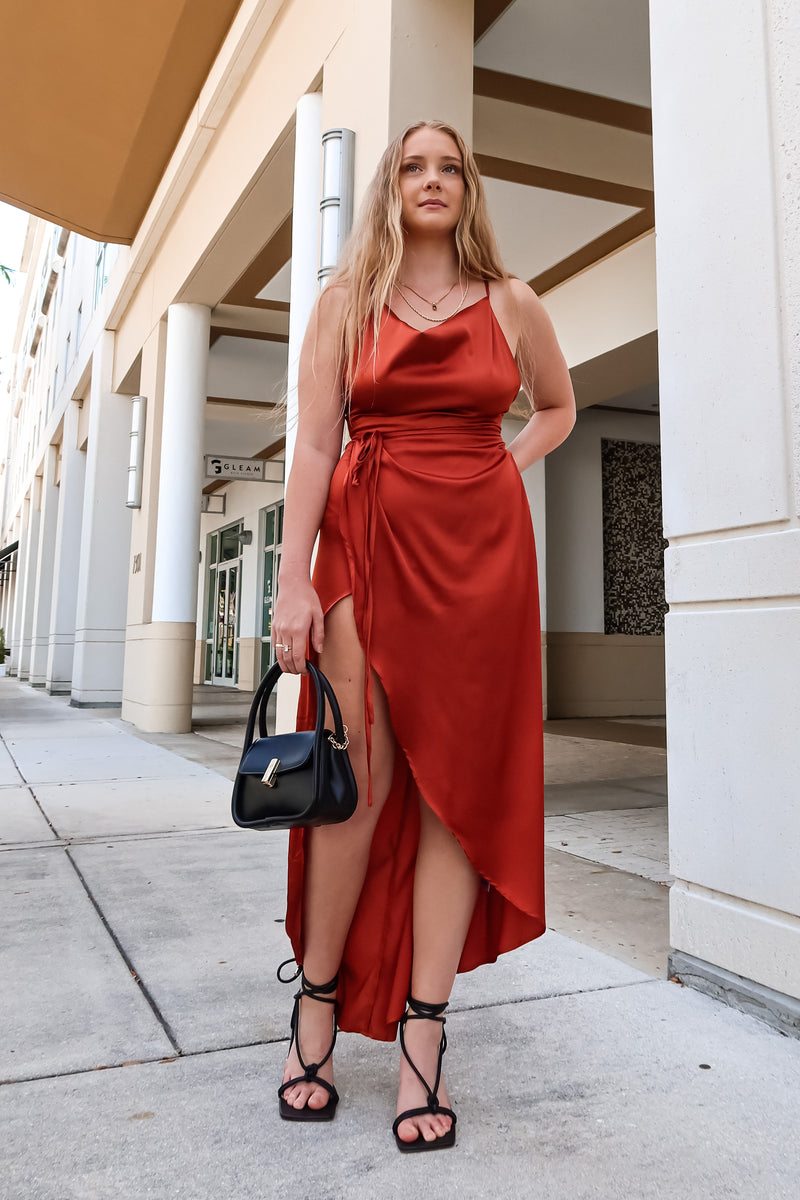 TOAST TO YOU SATIN MAXI DRESS - RUST