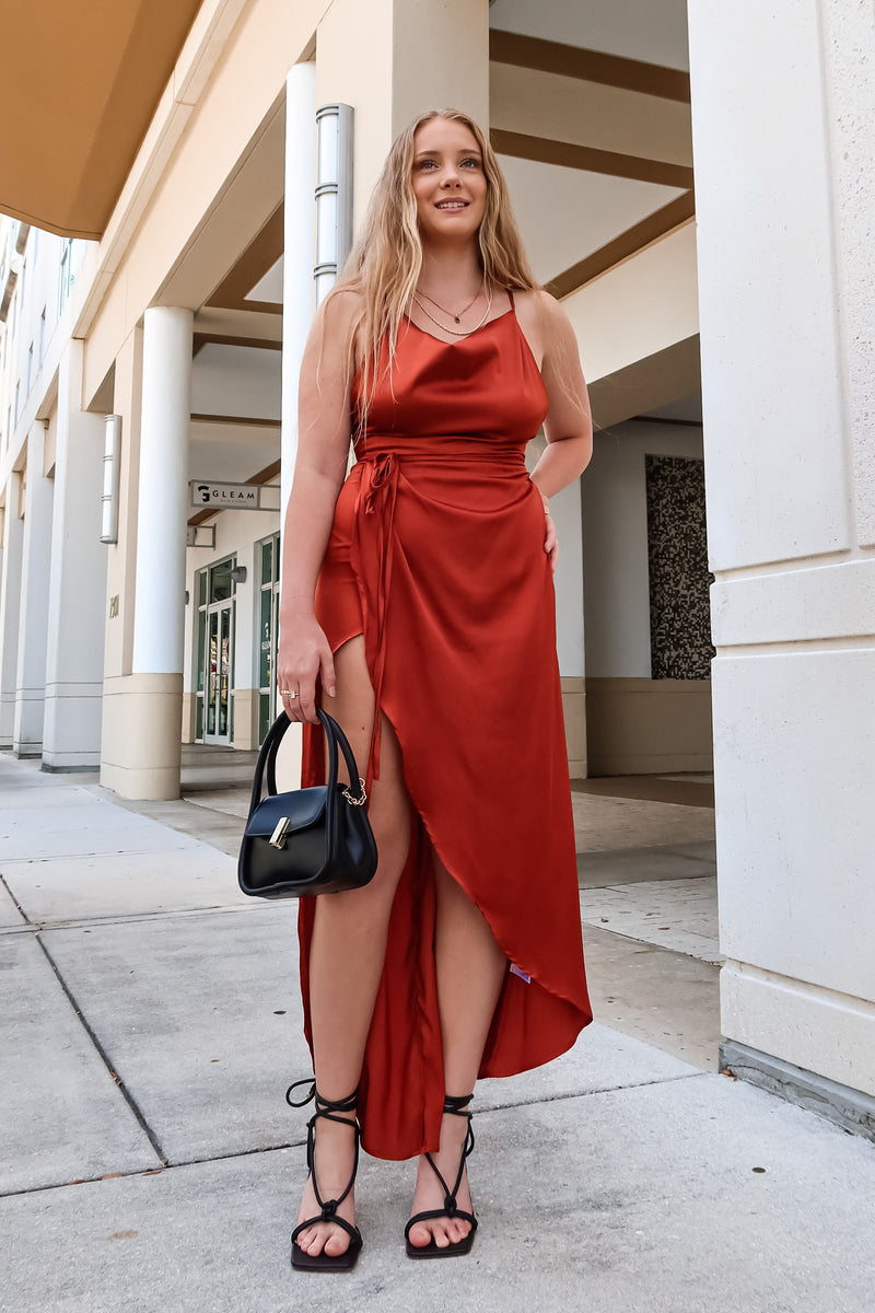 TOAST TO YOU SATIN MAXI DRESS - RUST